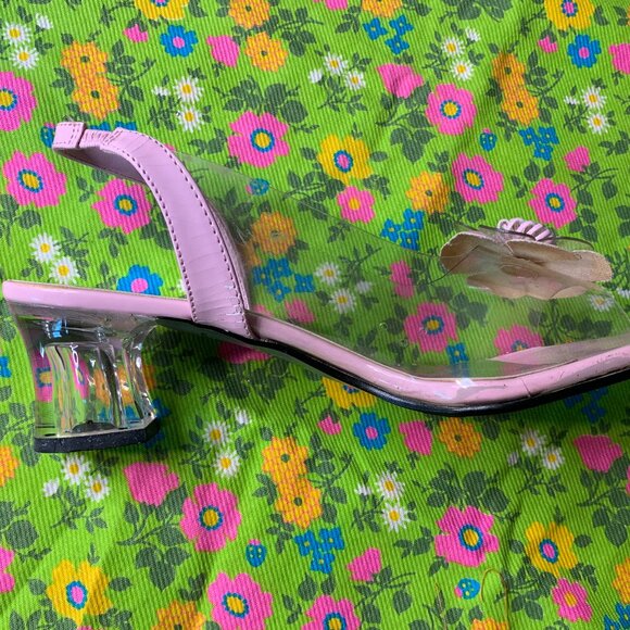 Vintage Pierre Dumas Pink Floral Clear Unique Chunky Heel Mule Sandal Size 7.5 - Picture 3 of 15